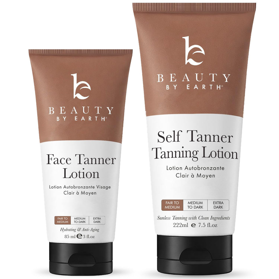 Beauty by Earth front packaging showing face and body bottles and mitt for streak-free color