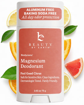 Beauty by Earth front packaging showing orange deodorant and benefits