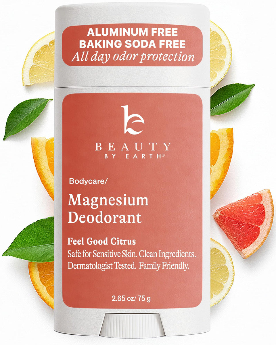 Beauty by Earth front packaging showing orange deodorant and benefits