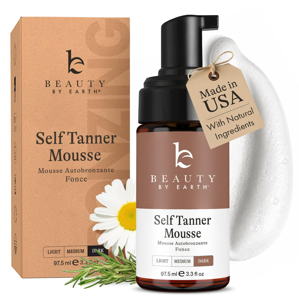 Beauty by Earth front packaging of ultra dark self tanner mousse showing product benefit