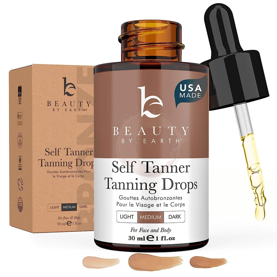 Beauty by Earth front packaging showing bottle and label for clean tanning