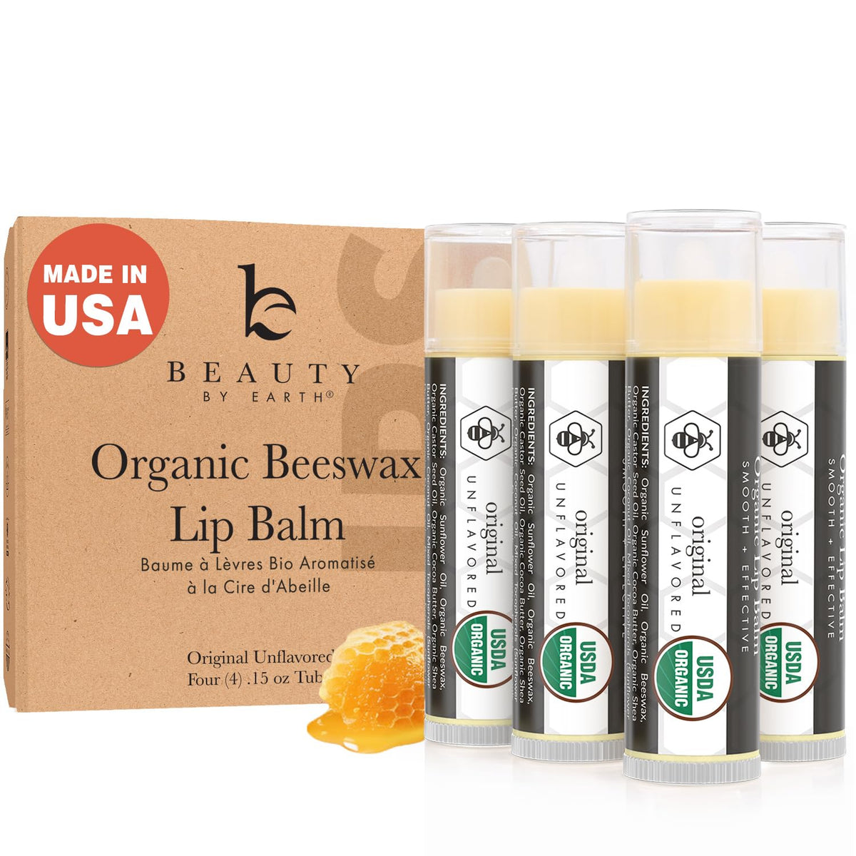 Beauty by Earth front packaging showing four organic lip balms and benefits