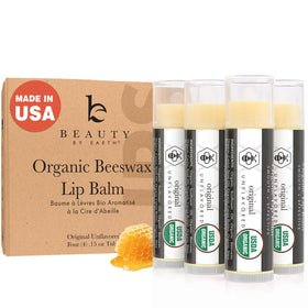 Beauty by Earth front packaging showing four organic lip balms and benefits