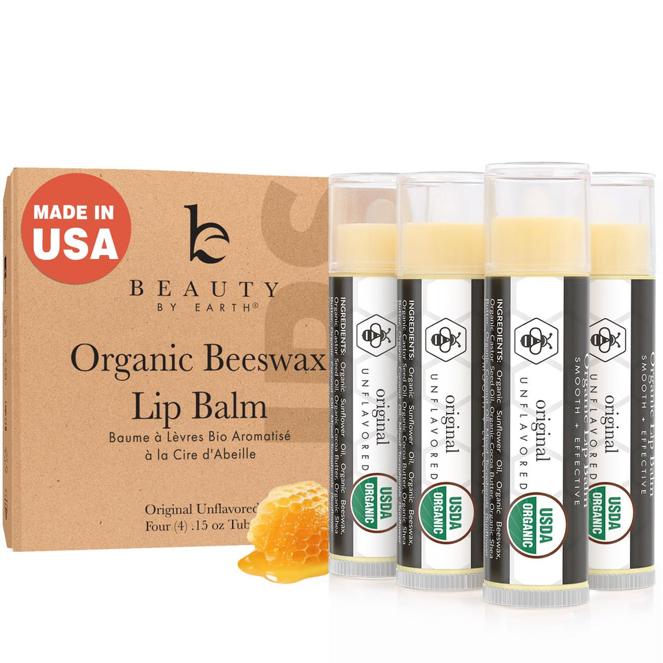 Beauty by Earth front packaging showing four organic lip balms and benefits