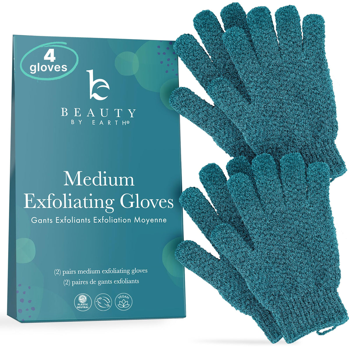 Beauty by Earth front packaging showing four exfoliating gloves and benefits