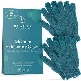 Beauty by Earth front packaging showing four exfoliating gloves and benefits