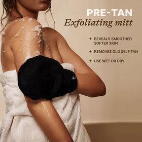 Beauty by Earth close-up of hand inside mitt showing palm protection and mess-free tanning