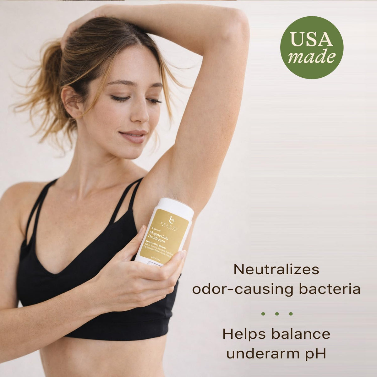 Beauty by Earth applied to underarm in hand demonstrating gentle, irritation-free use