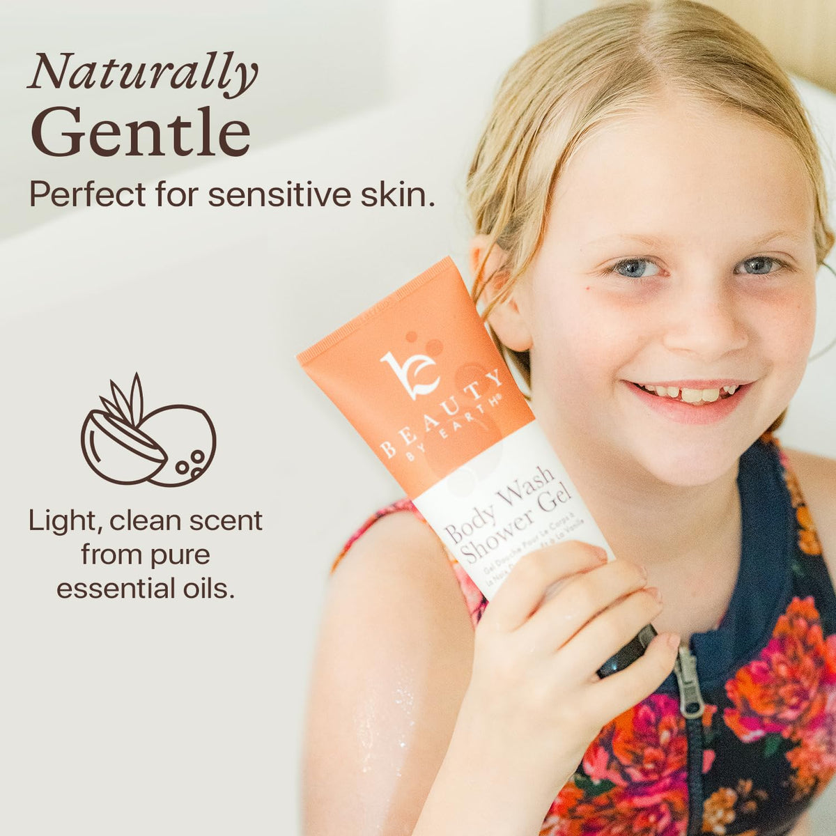 Beauty by Earth bottle in shower scene, suggests daily routine benefit