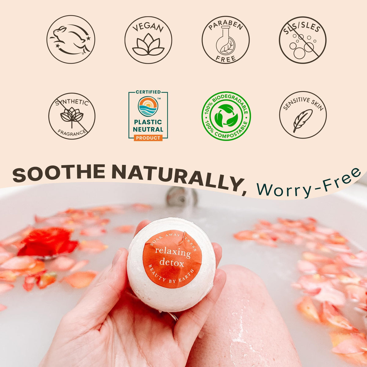 Beauty by Earth ingredients flatlay with shea butter and Epsom salt, showing clean formula benefits