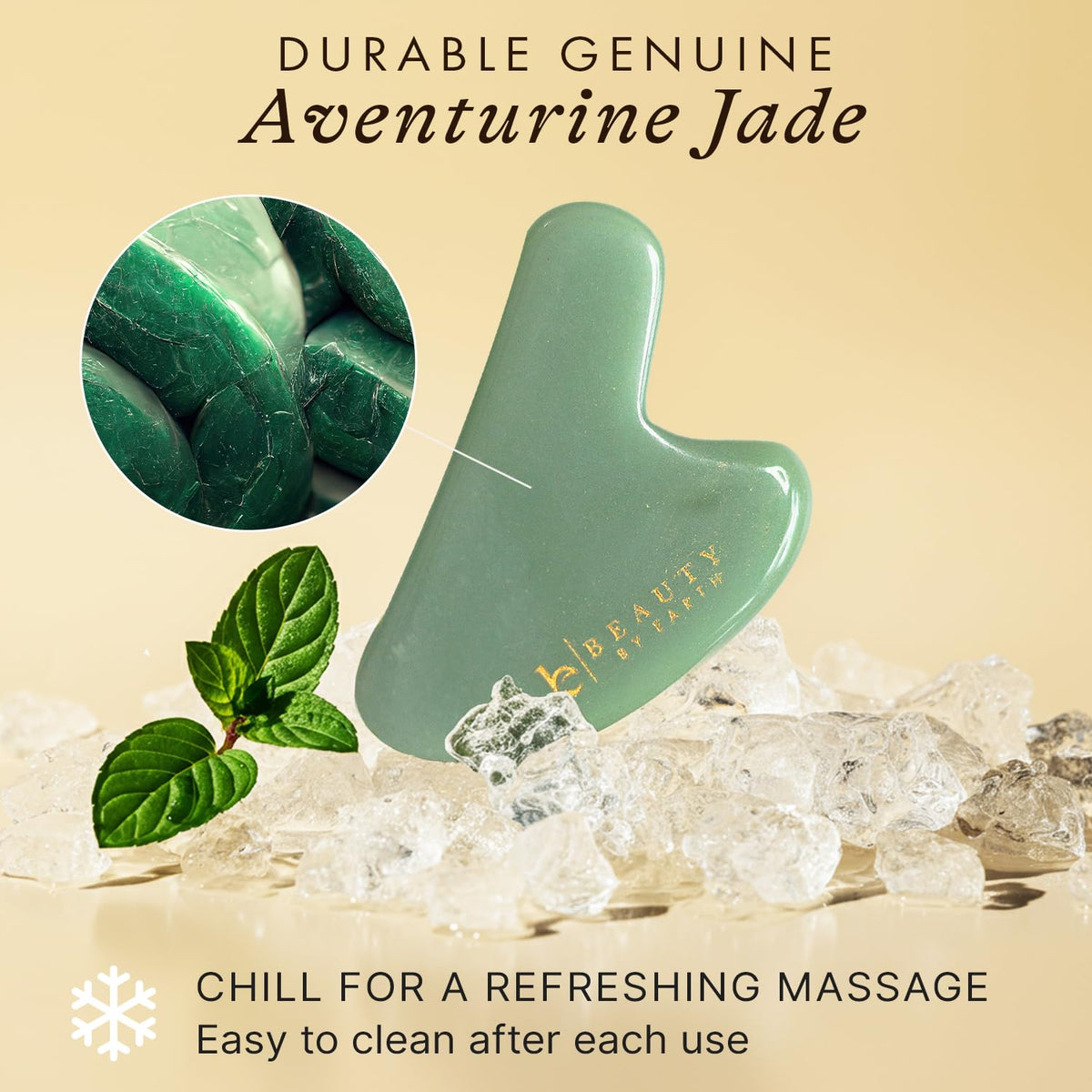 Beauty by Earth gua sha used under eye to show de-puffing and gentle glide benefit