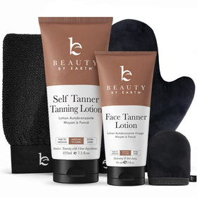 Beauty by Earth kit front packaging showing complete tanning set and benefits