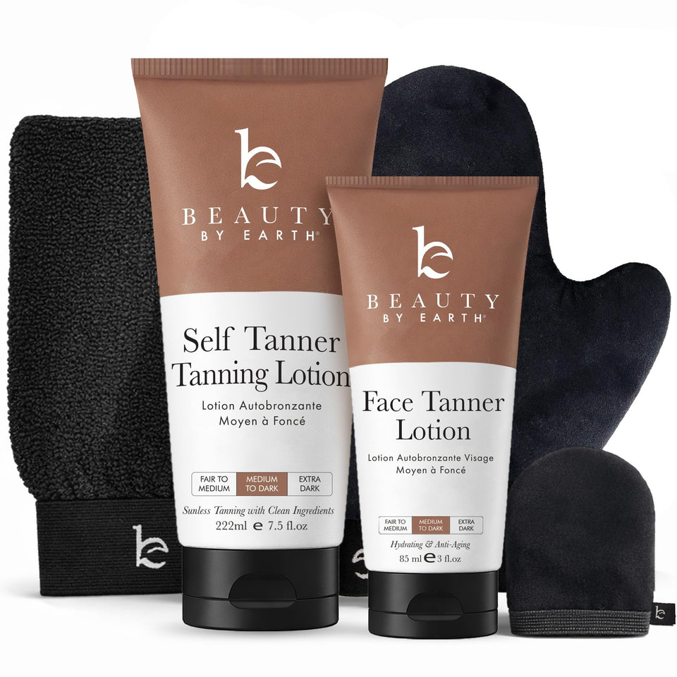 Beauty by Earth kit front packaging showing complete tanning set and benefits