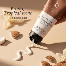 Beauty by Earth bottle and mitt on bathroom shelf, suggests easy at-home tanning