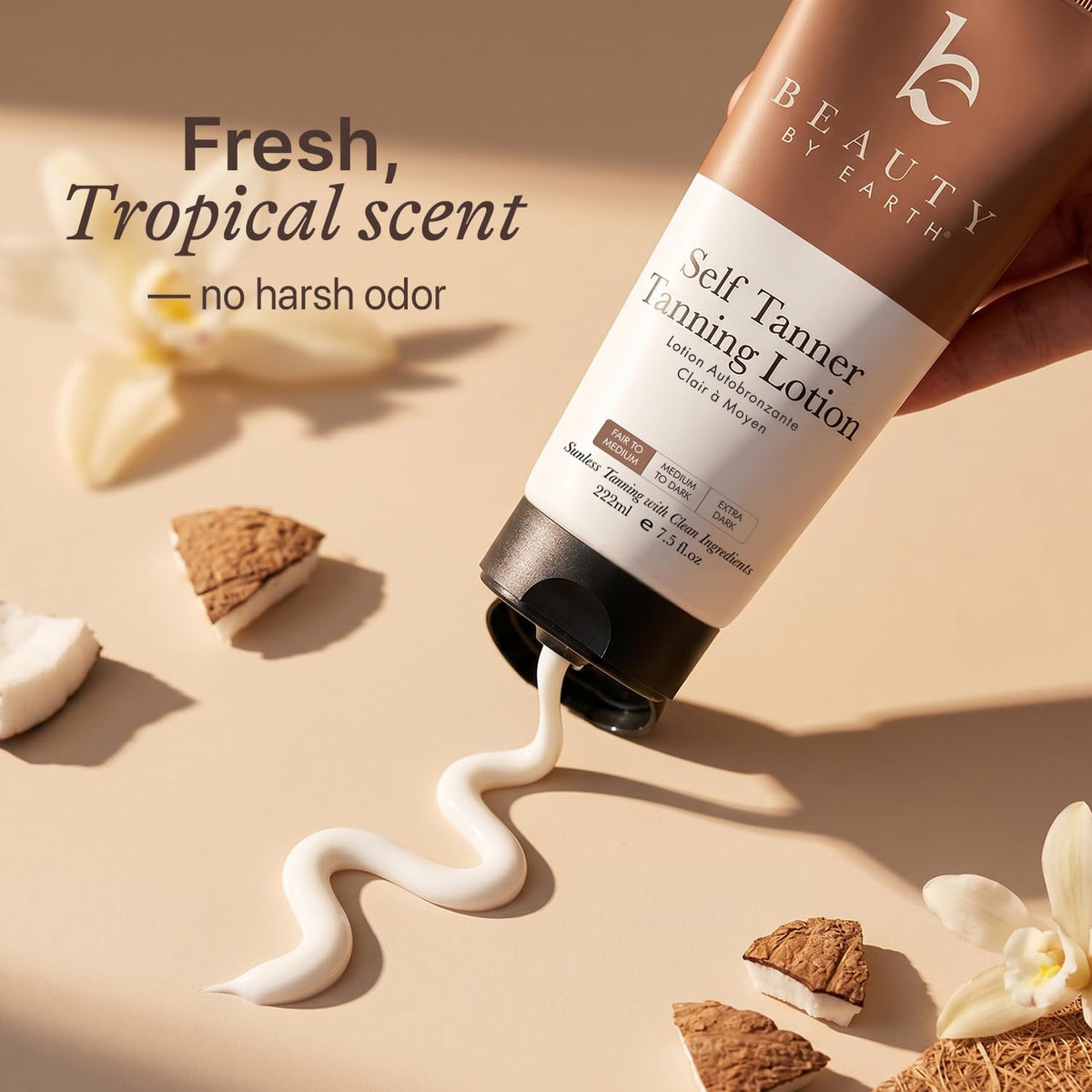 Beauty by Earth lifestyle vanity scene showing natural tan and hydrated skin