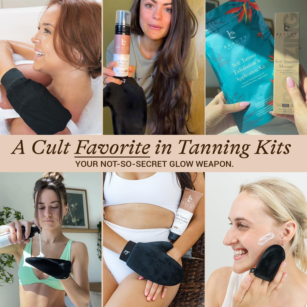 Beauty by Earth mitts staged on a bathroom vanity showcasing a ready-to-use tanning routine