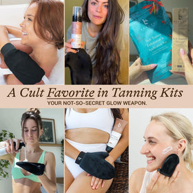 Beauty by Earth mitts staged on a bathroom vanity showcasing a ready-to-use tanning routine