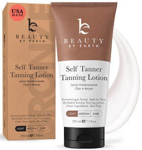 Beauty by Earth front packaging showing clean natural self-tanner benefits