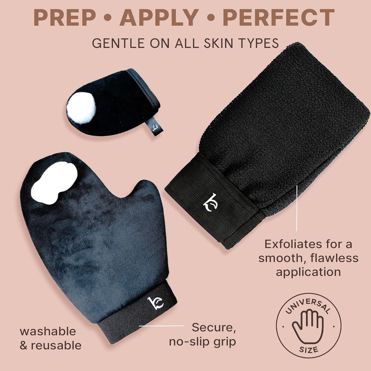 Beauty by Earth exfoliating mitt showing prep for even self-tan absorption