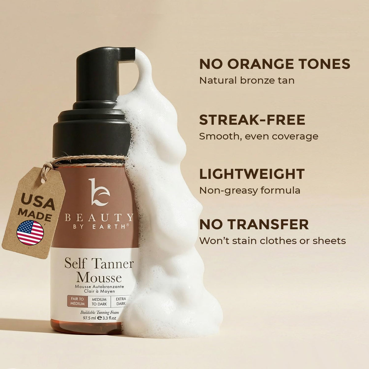 Beauty by Earth tanning mitt applying mousse demonstrating streak-free, even coverage