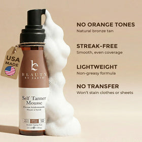 Beauty by Earth mousse on applicator mitt ready for streak-free application