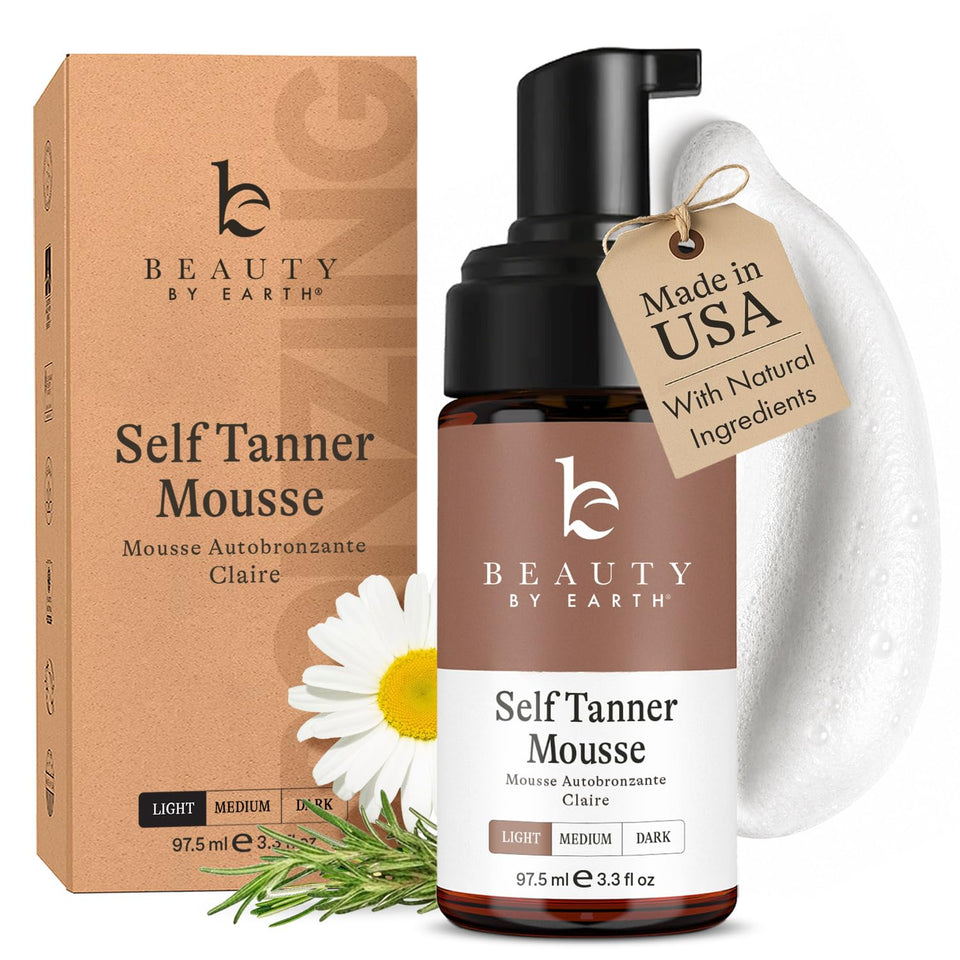 Beauty by Earth front bottle view showing clear self tanner for easy identification and trust