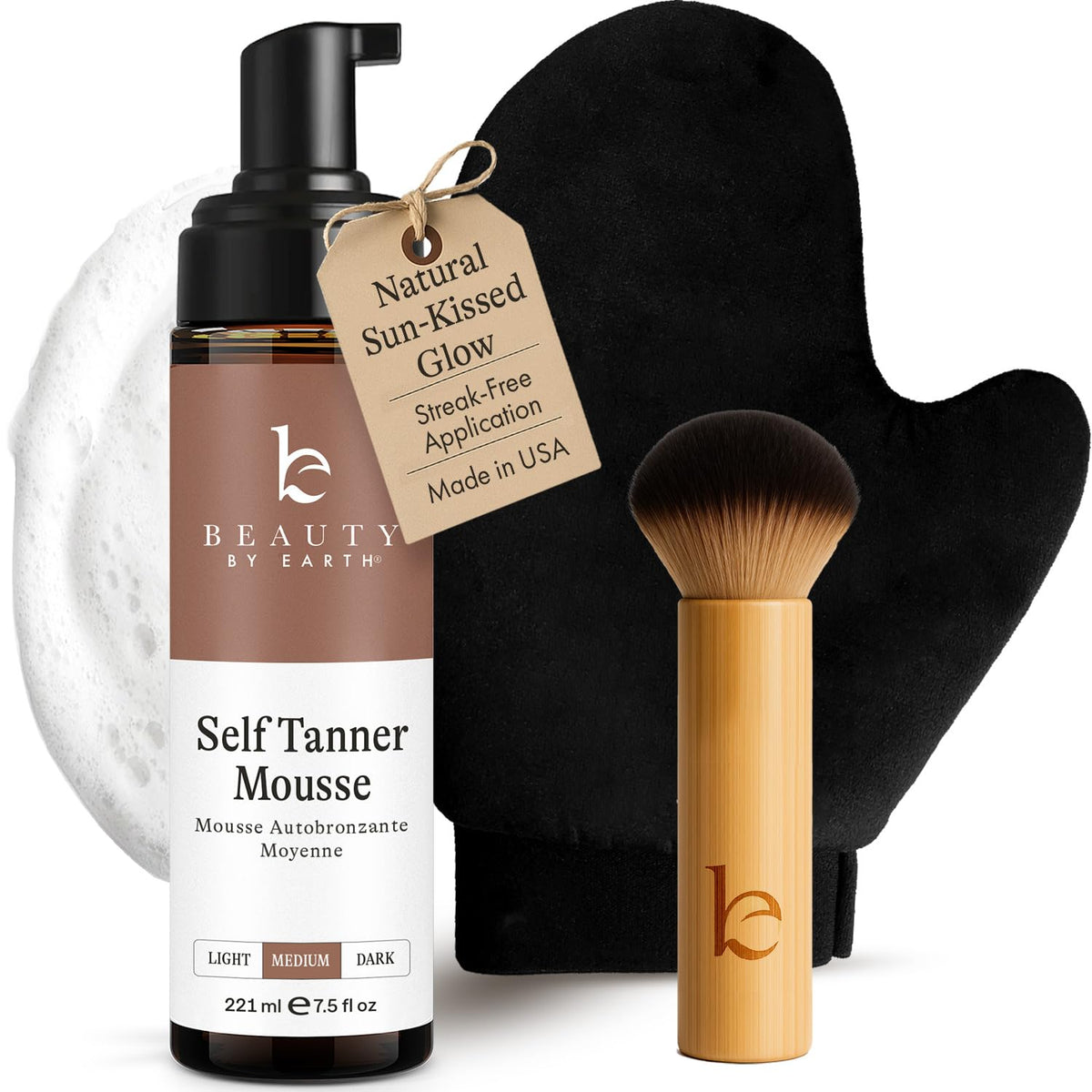 Beauty by Earth bottle front packaging showing natural sunless tanning mousse benefits
