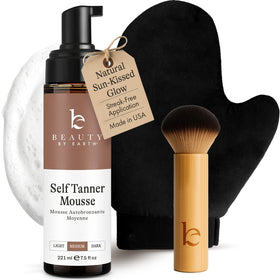 Beauty by Earth bottle front packaging showing natural sunless tanning mousse benefits