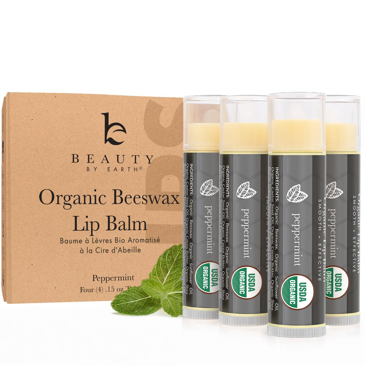 Beauty by Earth front packaging showing peppermint lip balm and benefits