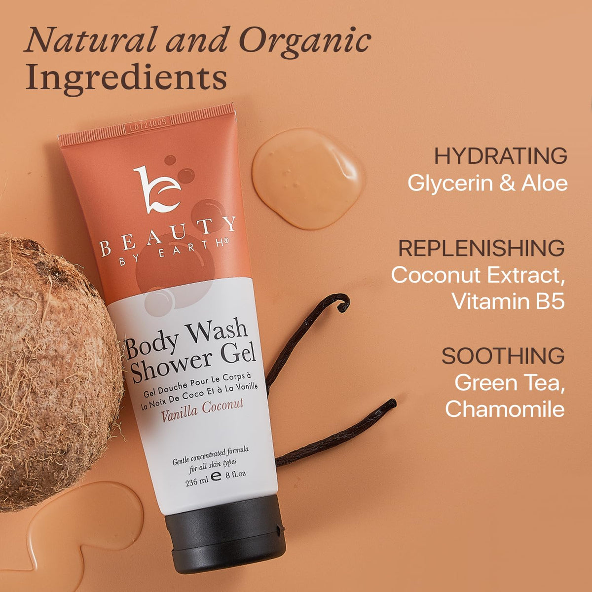 Beauty by Earth pump dispensing gel onto hand, demonstrates easy use