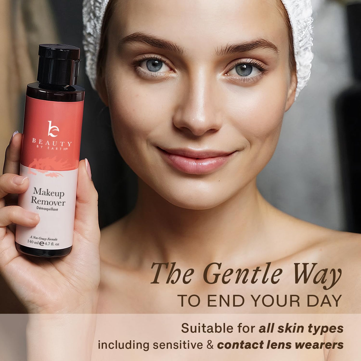 Beauty by Earth bottle in hand showing product scale and easy handling