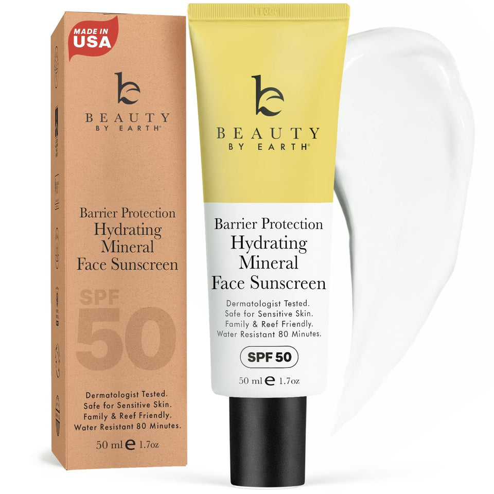 Beauty by Earth front tube showing SPF 50 and mineral sunscreen benefits
