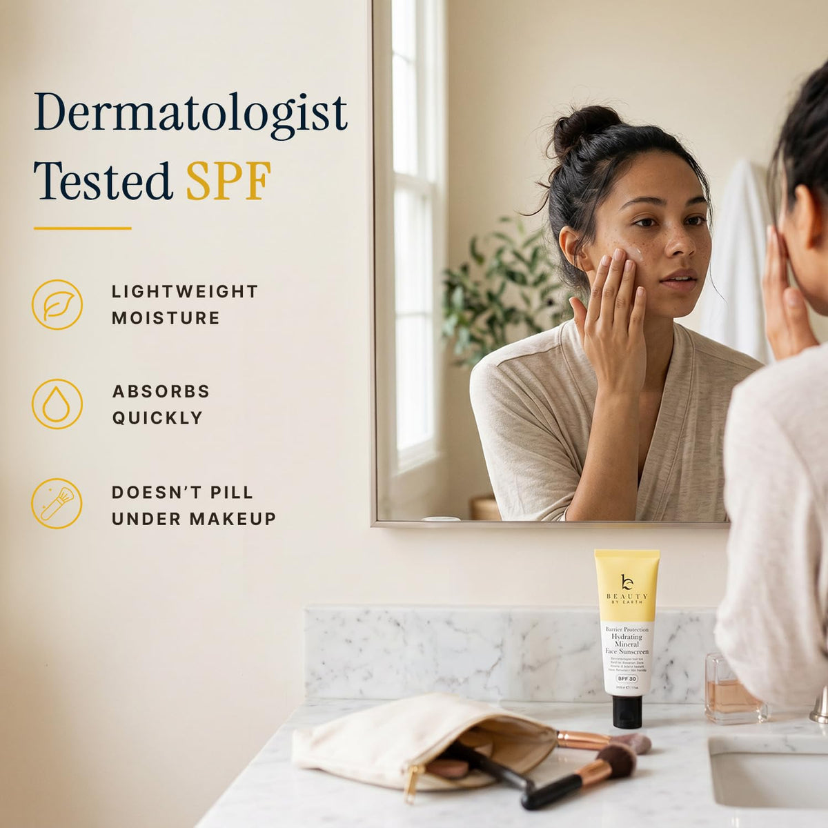 Beauty by Earth tube next to everyday items indicating travel-friendly size benefit