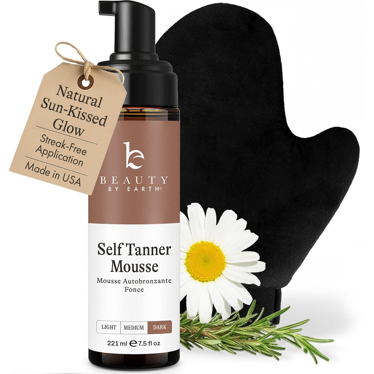 Beauty by Earth bottle front view showing dark-tan mousse and kit benefits