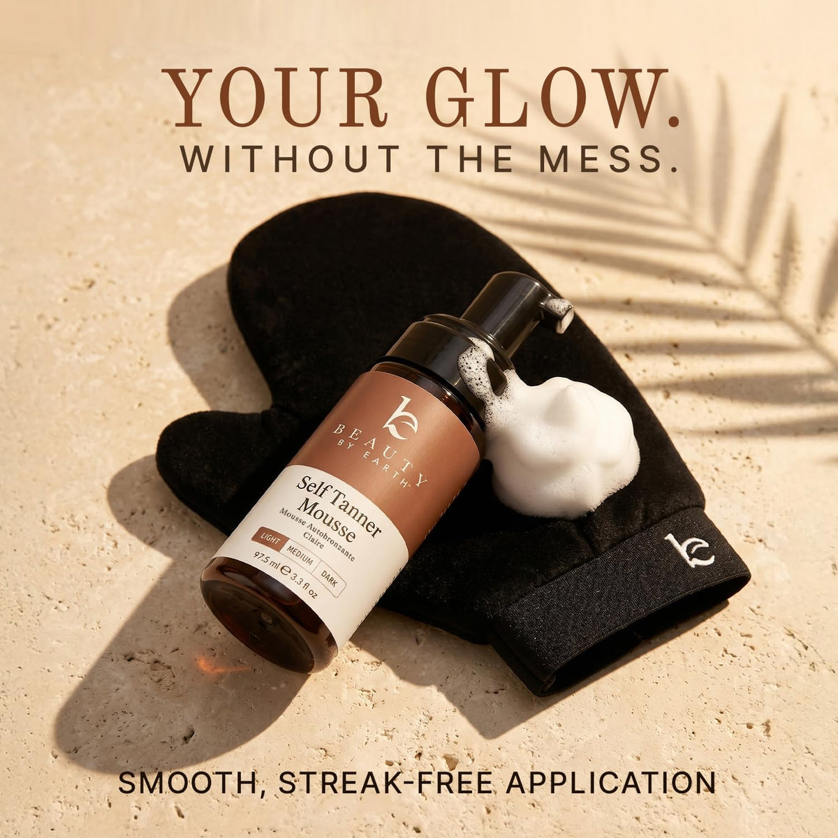 Beauty by Earth velvet mitt detail highlighting soft glide for streak-free application