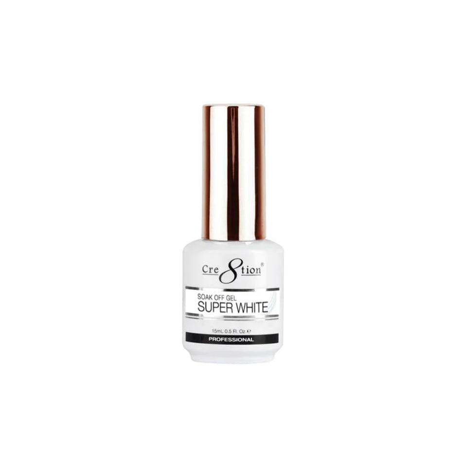 Beauty Cre8tion bottle front view showing super white polish and clear label benefit