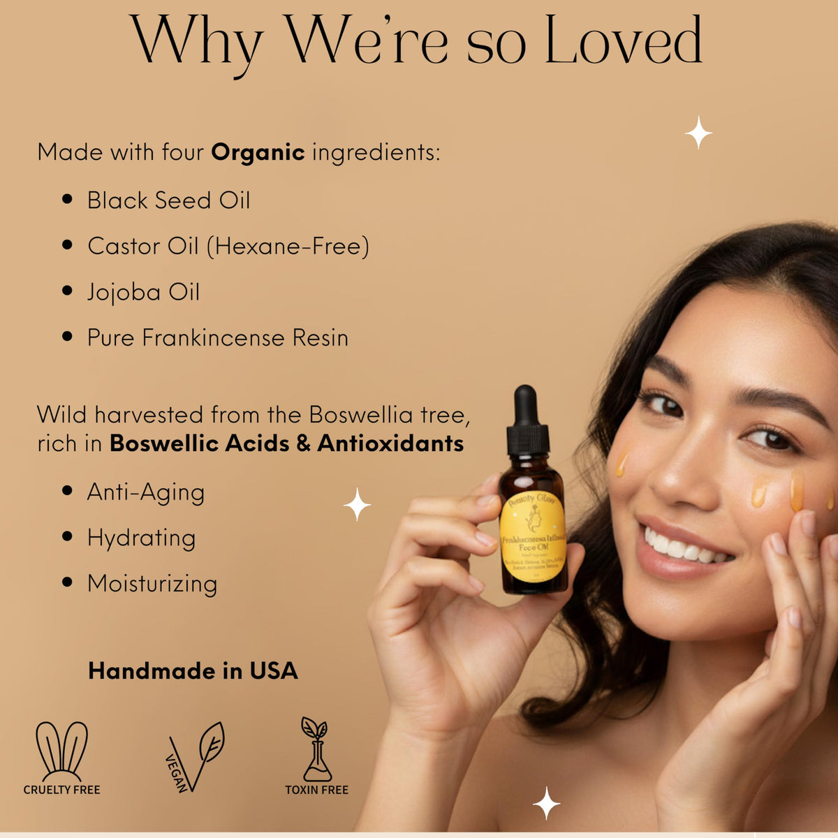 Beauty Glow dropper dispensing a drop of serum, demonstrating easy controlled application