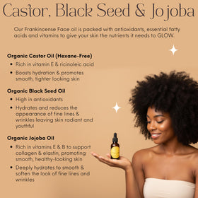 Beauty Glow ingredients label close-up, displaying organic oil blend and frankincense resin