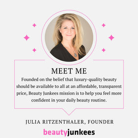 Beauty Junkees brush on vanity with makeup for everyday beauty routine