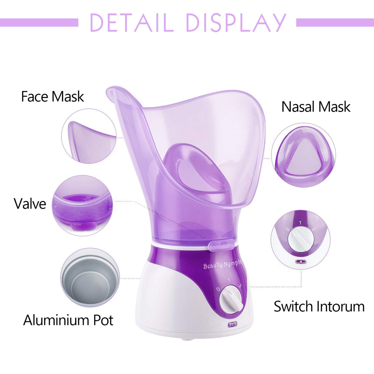 BeauTy Nymph facial steamer in use on vanity creating relaxing aromatherapy and hydration benefits