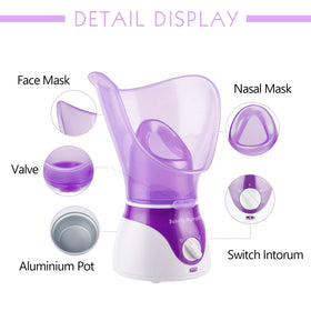 BeauTy Nymph facial steamer in use on vanity creating relaxing aromatherapy and hydration benefits