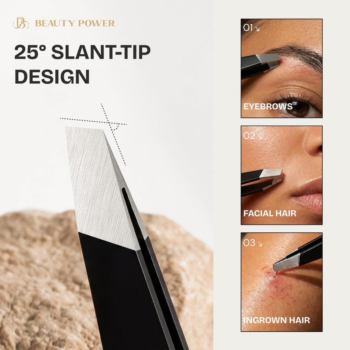Beauty Power close-up of slant tip highlighting precision grip for short hairs