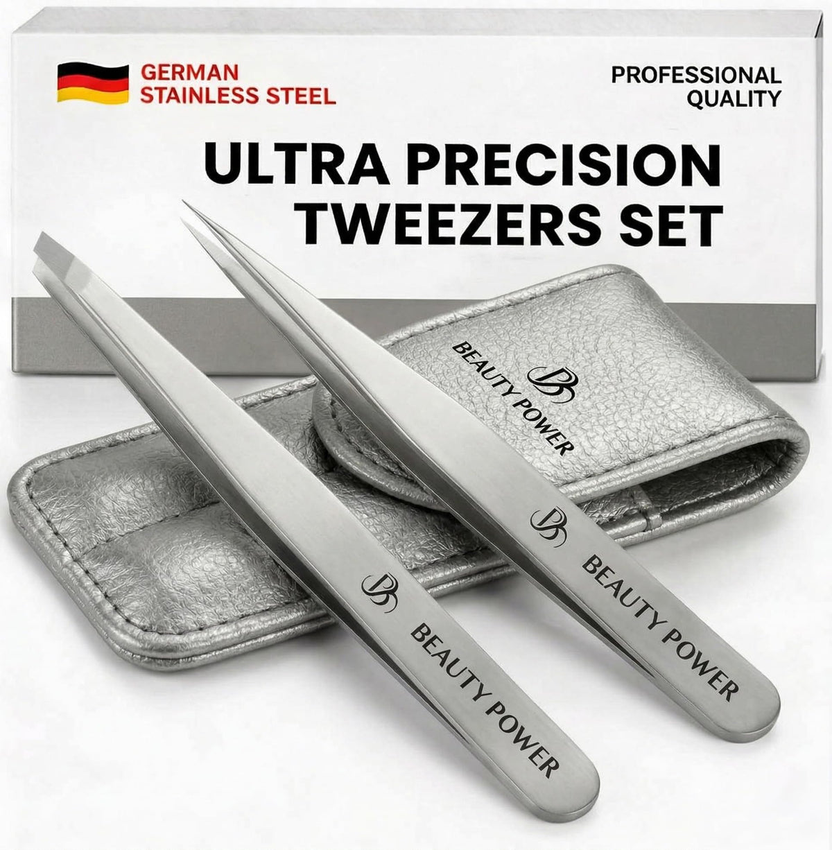 Beauty Power front view with gray PU case showing compact protection and portability