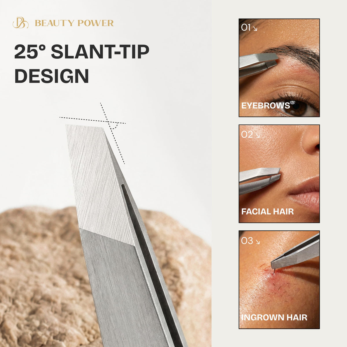 Beauty Power pointed tweezer detail for ingrown hair and splinter removal precision