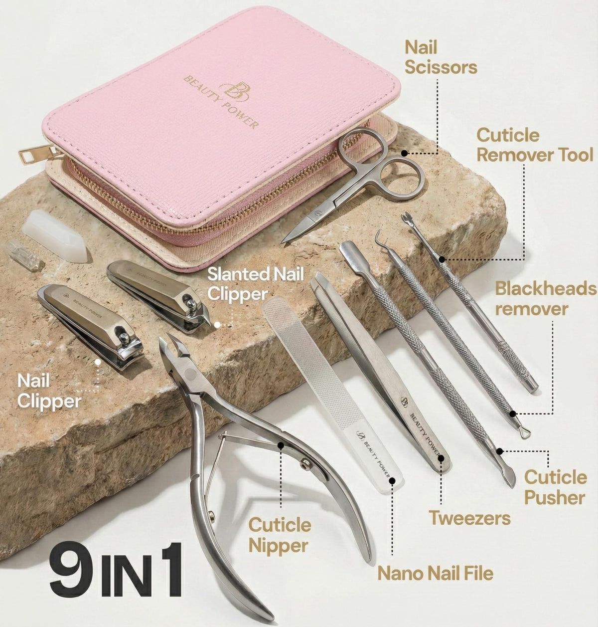 Beauty Power tools laid out to show nine-piece set organization and utility
