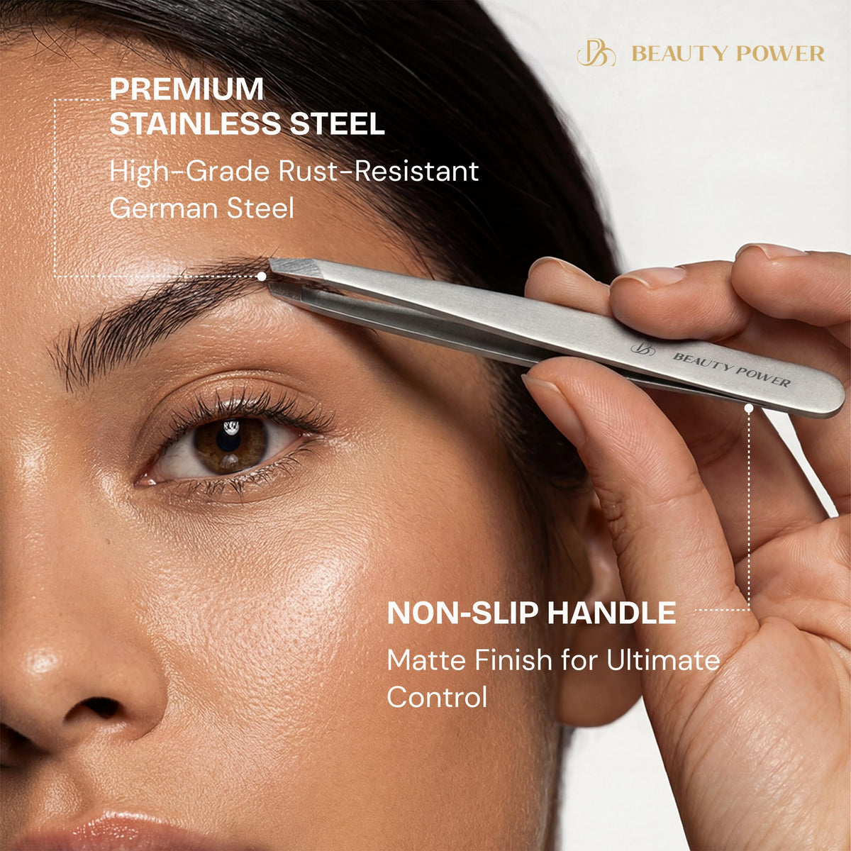 Beauty Power tweezer with protective cap to maintain tip alignment and safety