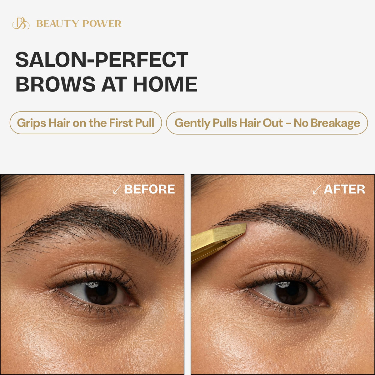 Beauty Power matte non-slip finish on tweezer handle for steady comfortable grip