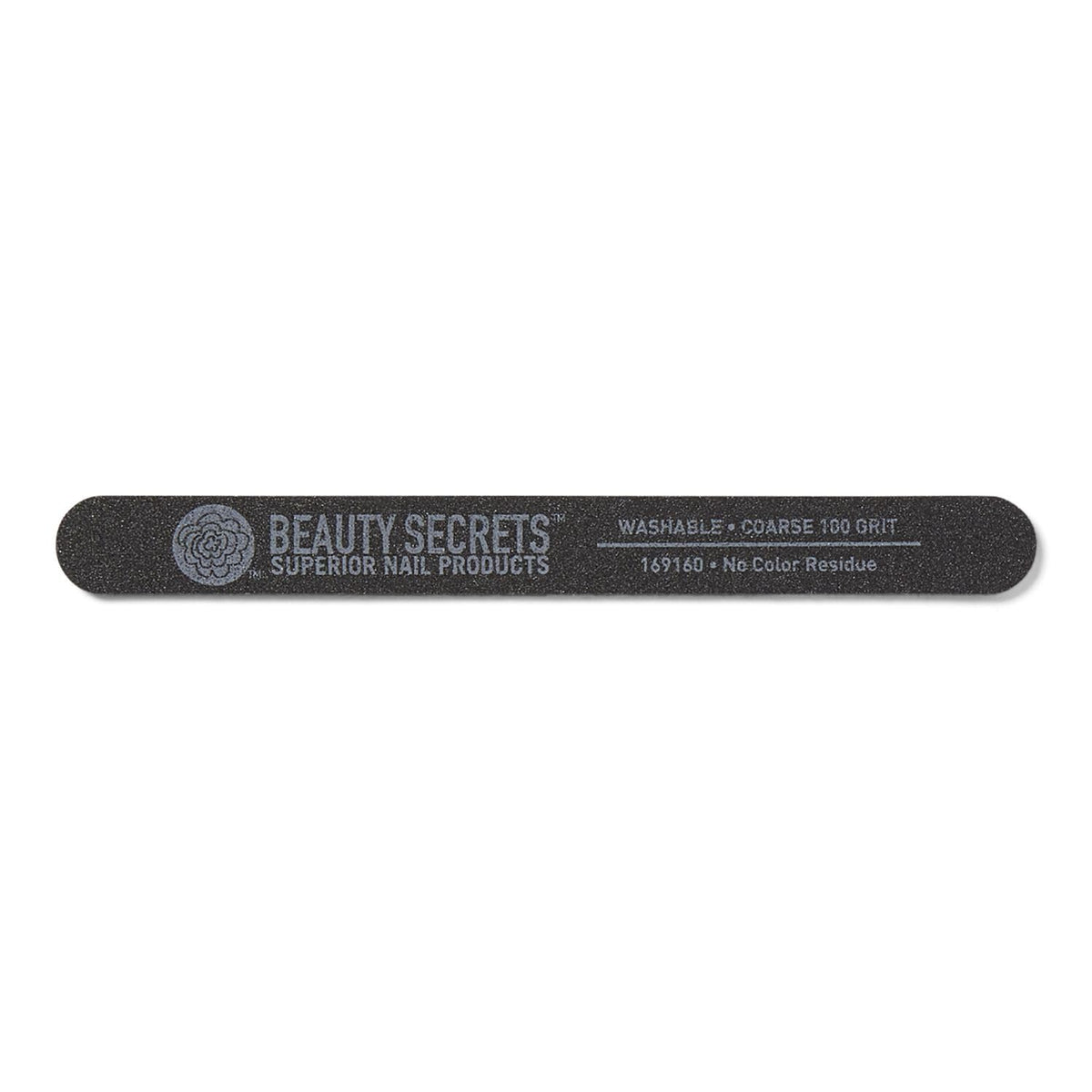 Beauty Secrets 100-grit file texture and size beside a ruler for accurate scale