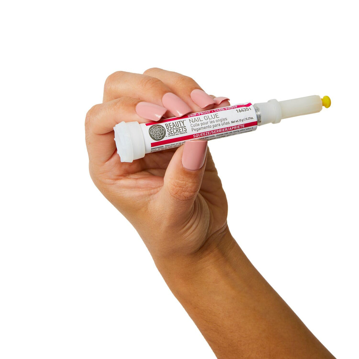 Beauty Secrets in-use press-on application demonstrating neat, controlled glue placement