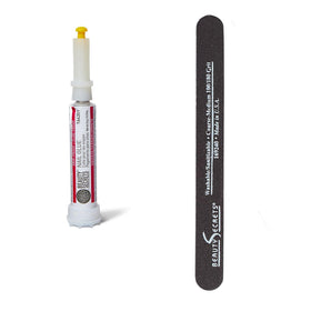 Beauty Secrets bottle front showing glue label and neat applicator for controlled use